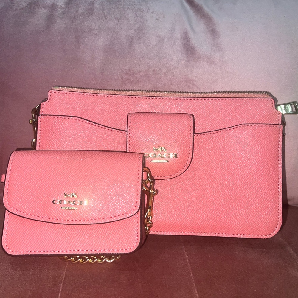 Coach Coral Pink Leather Mini Crossbody and Wristlet Set